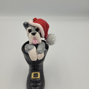 Schnauzer Dog Personalized in Santa's  Boot Handmade Polymer Clay Sculpture Ornament