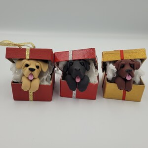 Puede incluir: Tres adornos navideños hechos a mano con perros asomándose de cajas de regalo. Las cajas son rojas y doradas con cinta dorada. Los perros son de color marrón claro, negro y marrón.