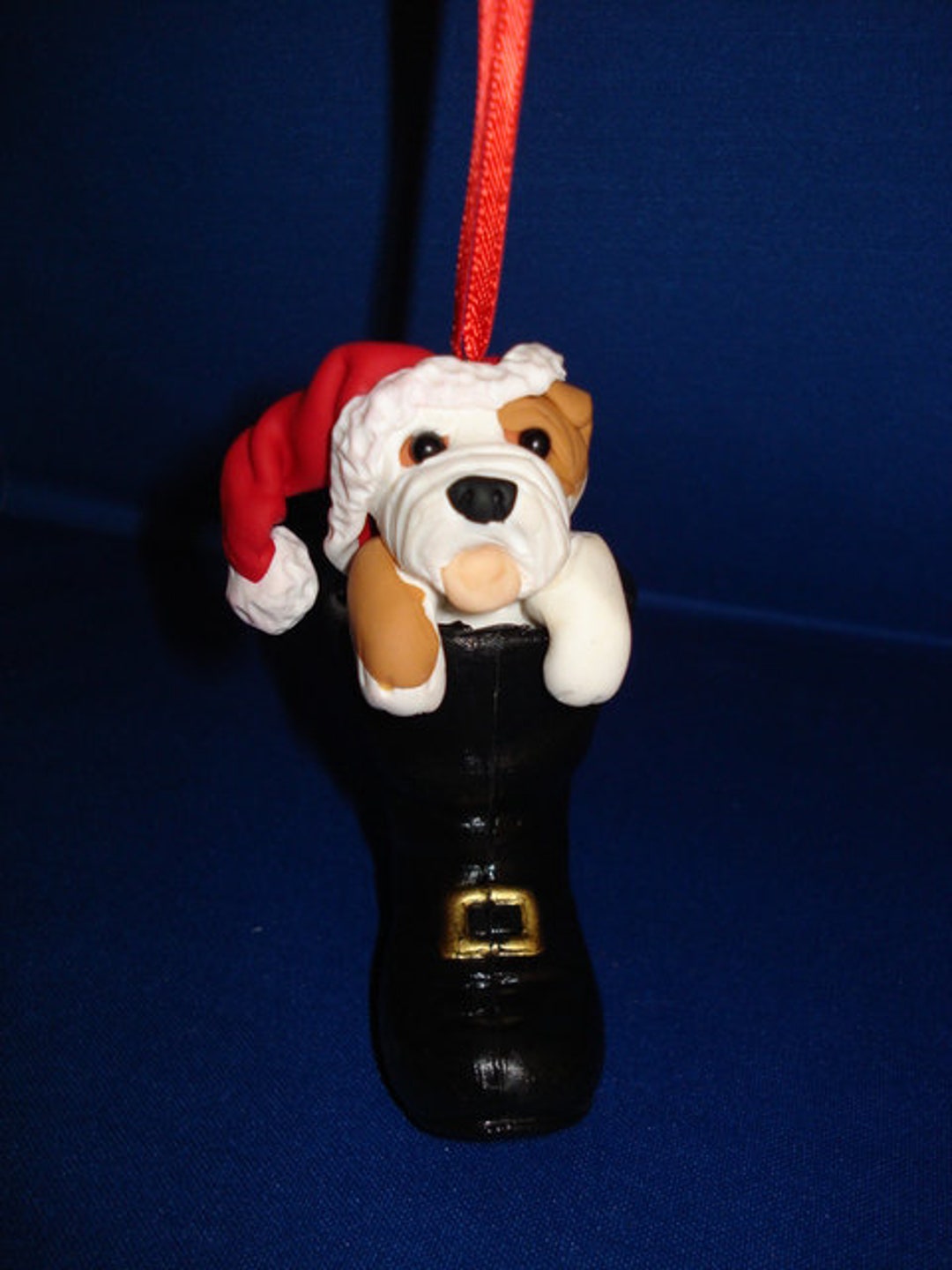 Bulldog Dog Personalized in Santa's Boot Handmade Polymer Clay Sculpture Ornament Etsy