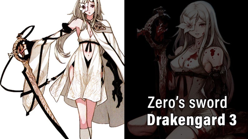 May include: A white-clad female character with long silver hair and a flower covering her right eye, holding a large, ornate sword. On the right side of the image, the same character is shown in a darker, bloodier version, with the text "Zero's sword Drakengard 3".