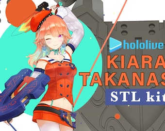May include: A 3D printed model kit of a character from the Hololive virtual YouTuber group. The character is a woman with pink hair, wearing a red and white outfit. The kit includes a sword and a shield. The text "hololive KIRA TAKANASHI STL kit" is visible in the image.