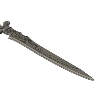 May include: A silver sword with a decorative hilt and a detailed blade. The hilt is shaped like a circle with a cross in the center. The blade is long and thin, with a sharp point.