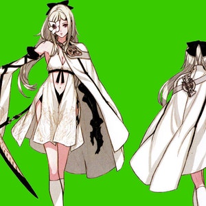 May include: A white and black anime character with long white hair, wearing a white dress with black accents and a white cape. The character is holding a sword with a gold handle.