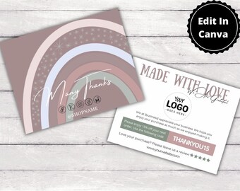 Tarjeta de agradecimiento empresarial Rainbow imprimible, cliente de tarjeta de inserción de embalaje, plantilla de inserción de agradecimiento de pedido, tarjeta de visita Canva editable