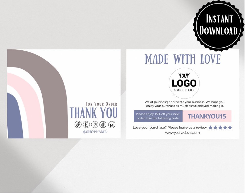 Rainbow Thank You Card, Small Business Thank You Card Template, Canva ...