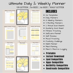 以下が含まれることがあります： 26種類のテンプレートを含むデジタルプランナー。日々のプランナー、週間プランナー、月間プランナーに加えて、目標シート、フィットネストラッカーなどがあります。このプランナーは印刷可能で、iPad、アプリ、Notability、Goodreadsと互換性があります。