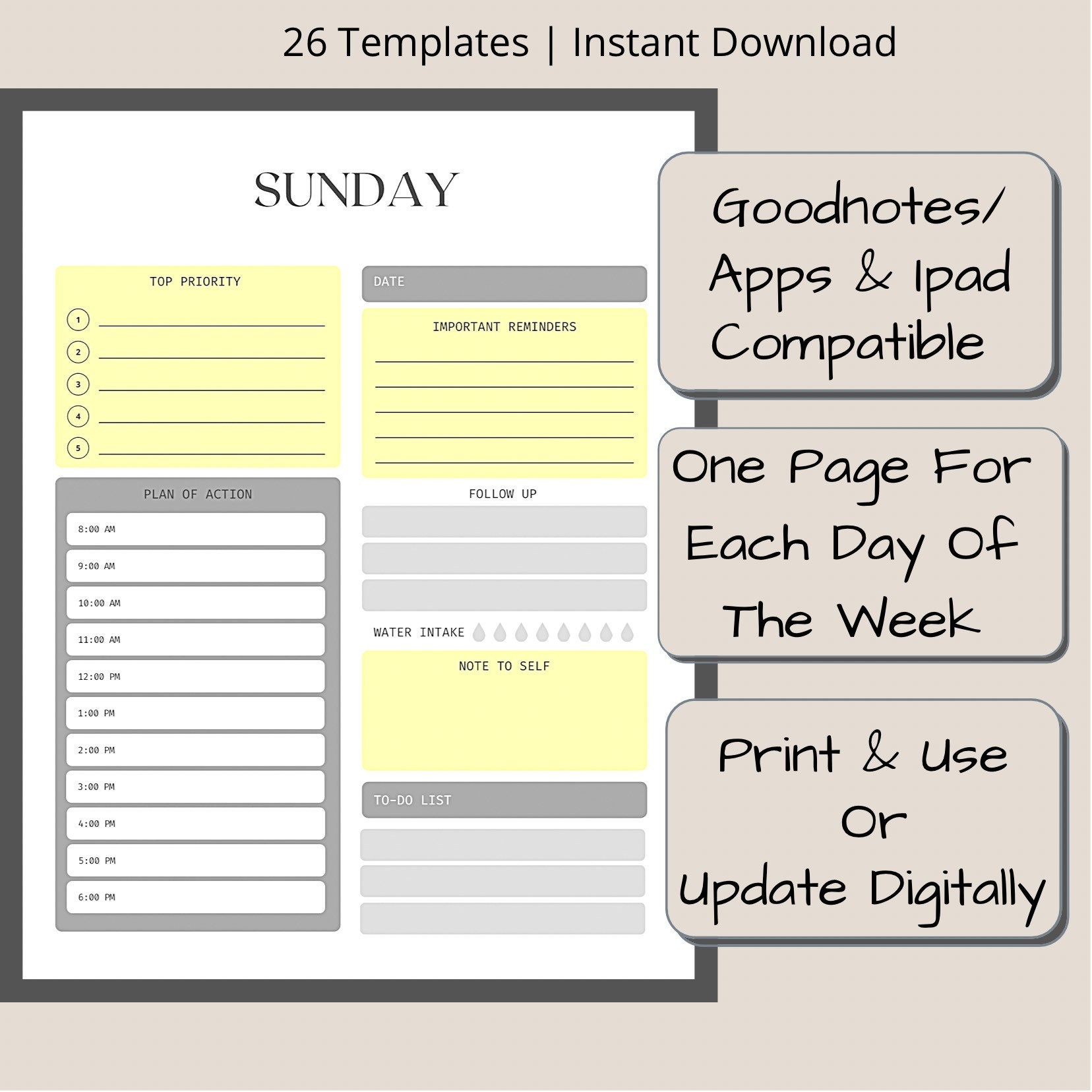 Printable Daily Planner, Digital Planner, Work Day Dairy, to Do List ...