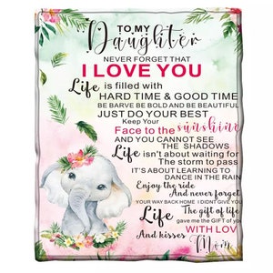 Cobertor fofo para filha, cobertor de carta, cobertor de neta, presente de aniversário da mãe, cobertor de mensagem para filha, cobertor de elefante para ela