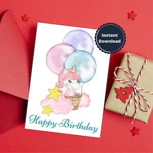 Druckbare Geburtstagskarte, Kindergeburtstagskarte, druckbare Einhorn-Geburtstagskarte, alles Gute zum Geburtstagskarte für Kind, 5x7-Grußkarte, digitale Geburtstagskarte