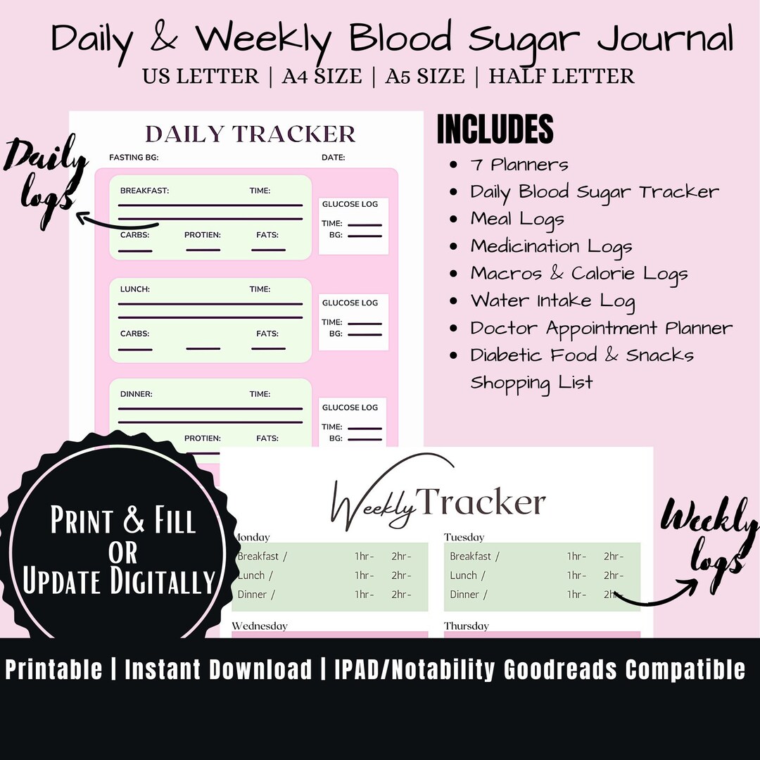 Printable Diabetes Log, Digital Blood Glucose Tracker, Daily Blood ...