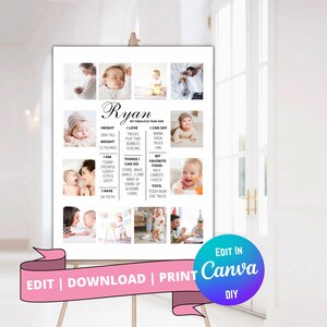 Collage de fotos del primer año, impresión del primer año del bebé, plantilla de póster imprimible del primer año, impresión fotográfica del primer año del bebé, póster del hito del bebé