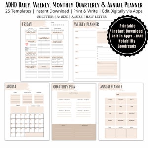 Planificador diario de productividad de TDAH imprimible, Planificador semanal de TDAH, Registro diario de estado de ánimo, Descargar planificador mensual para TDAH, Planificador de cartas A4/A5/US