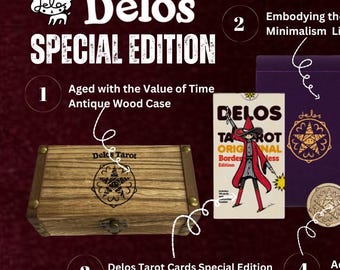 May include: Delos Special Edition tarot card set. Includes an antique wood case, a deck of cards, a purple linen pouch, and a pentacle coin. The cards are the Delos Tarot Original Borderless Edition.