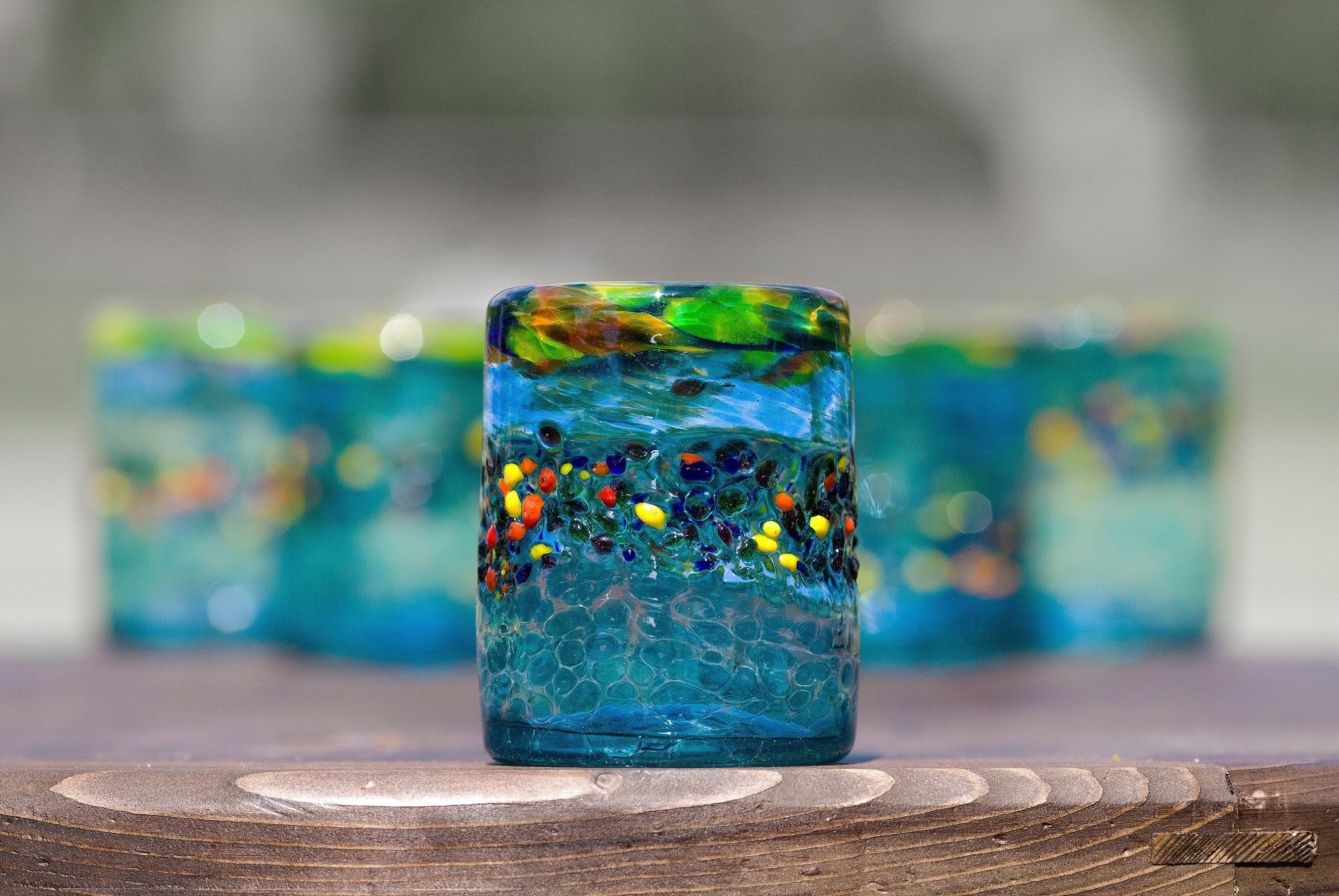 Short Rainbow Aqua Confetti Glasses Lowball Glasses Rocks Etsy