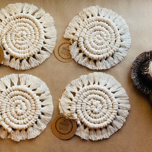 Macrame Coasters | round coasters  | Cotton Coasters | Coffee Table Decor | Boho Fringe Coasters set of four