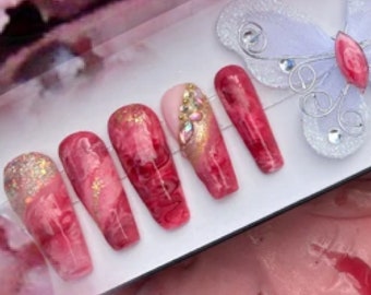 Razzberry Sorbetto Press On Nails: Rose Quartz Marble, Extra Long Coffin