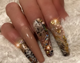 Young, Wild & Free/Animal Print Press on Nails Beige or Pink w/Rosegold glitter and diamonds/Sexy/Birthday Nails/Extra long/XXL nails/glue