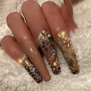 Young, Wild & Free/Animal Print Press on Nails Beige or Pink w/Rosegold glitter and diamonds/Sexy/Birthday Nails/Extra long/XXL nails/glue