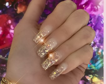 Clear Gold Glitter Press On Nails: Chunky Gel with Caviar Heart Beads