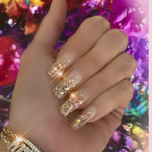 Sweet Thing/ Bad Ass Clear Gold  Chunky smooth glitter nails with gold caviar beads Hearts/extra long nails/long nails/transparent nails