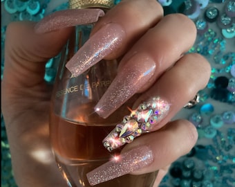 Pink Glitter Diamond Press On Nails: Crystal Bling False Nails