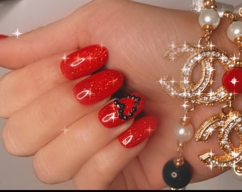 Red Sparkle Press On Nails: Black Rhinestone Heart, Any Length