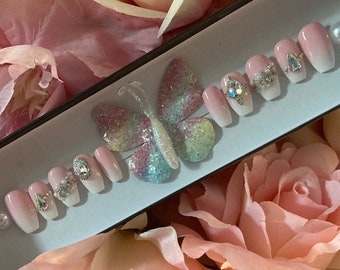 Bridal Pink Baby Boomer Press On Nails: 3D Diamond Pearl Coffin Nails