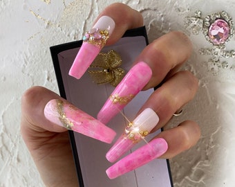 All Eyez On Me/Summer/Pink w/ gold leaf and Marble swirl w/Gold/gemstones Press on Nails/extra long nail/short nails/baby pink Gold flakes