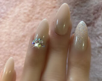 Praising You/Natural Nude/Beige medium almond stiletto nails bling glitter/ Extra long/ wedding nails/ everyday nails/ classy nails/ faux