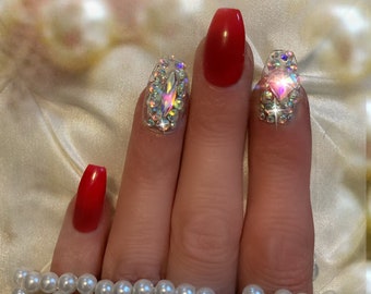 Red Press On Nails: Bling Rhinestone Holiday Nails