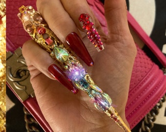 XXL Red Bling Press On Nails with Jeweled Fingertip Claw