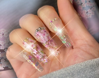 Clear Glass Butterfly Bling press on nails with flowers with crystals and silver studs beads