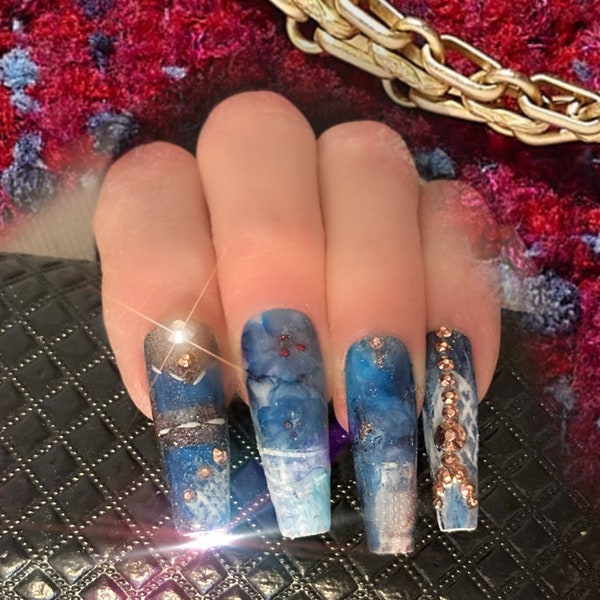 Glad U Came/Blue Jean/Denim/torn ripped jeans Press on Nails w/ Copper embellishments/rhinestones/Gel X/custom made nails/birthday nails