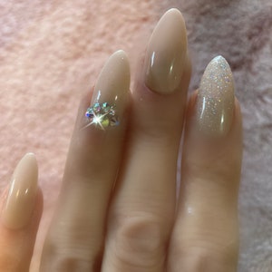 Praising You/Natural Nude/Beige medium almond stiletto nails bling glitter/ Extra long/ wedding nails/ everyday nails/ classy nails/ faux