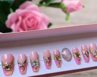 Pink Jeweled Press On Nails: Gold Leaf Bling, French Tip, Extra Long