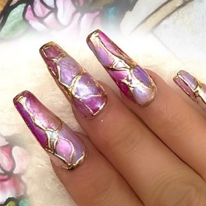 Under Your Spell/Dramatic Gold Chrome and Opal Pearlized Stained Glass Press On Nails/purple pink blue irridescent opalescent