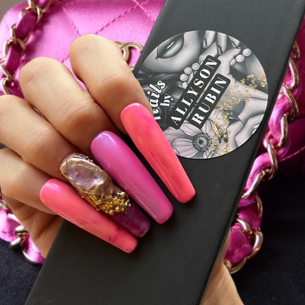 Come & Talk to me Bright Peach Pink Purple iridescent Marble Press on nails w/gold pink opal luxury long nails
