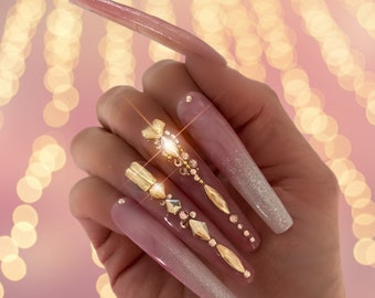 Luxury XXL Press On Nails: Milky Mauve Baby Boomer with Rose Gold Bling