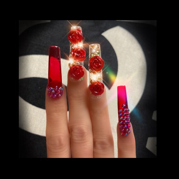Red Quinceanera Nails Bling 3 D Roses Transparent Clear Red Etsy
