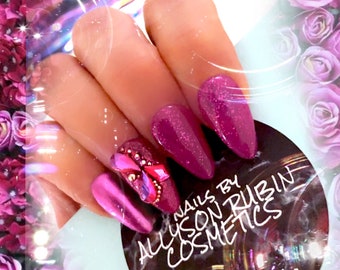 Betty’s Favorite Fuscia glitter chrome Glam with gold caviar beads and  purple red stones
