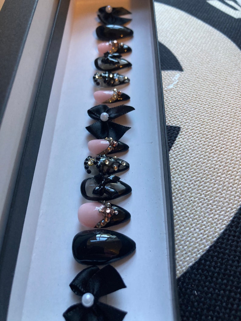 Can't Let You Go/Stunning Black Smoke Jeweled Bling French Press On Nails with Bows/Apres Nails/Vampy Nails/ Extra Long Nails/XXXL Fauxnails image 7