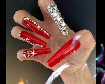 Original Allyson Creation/Swarovski Crystals/Dramatic Classic Red press on nails/red nails with bling AB hearts/Extra long nails/Luxury Nail