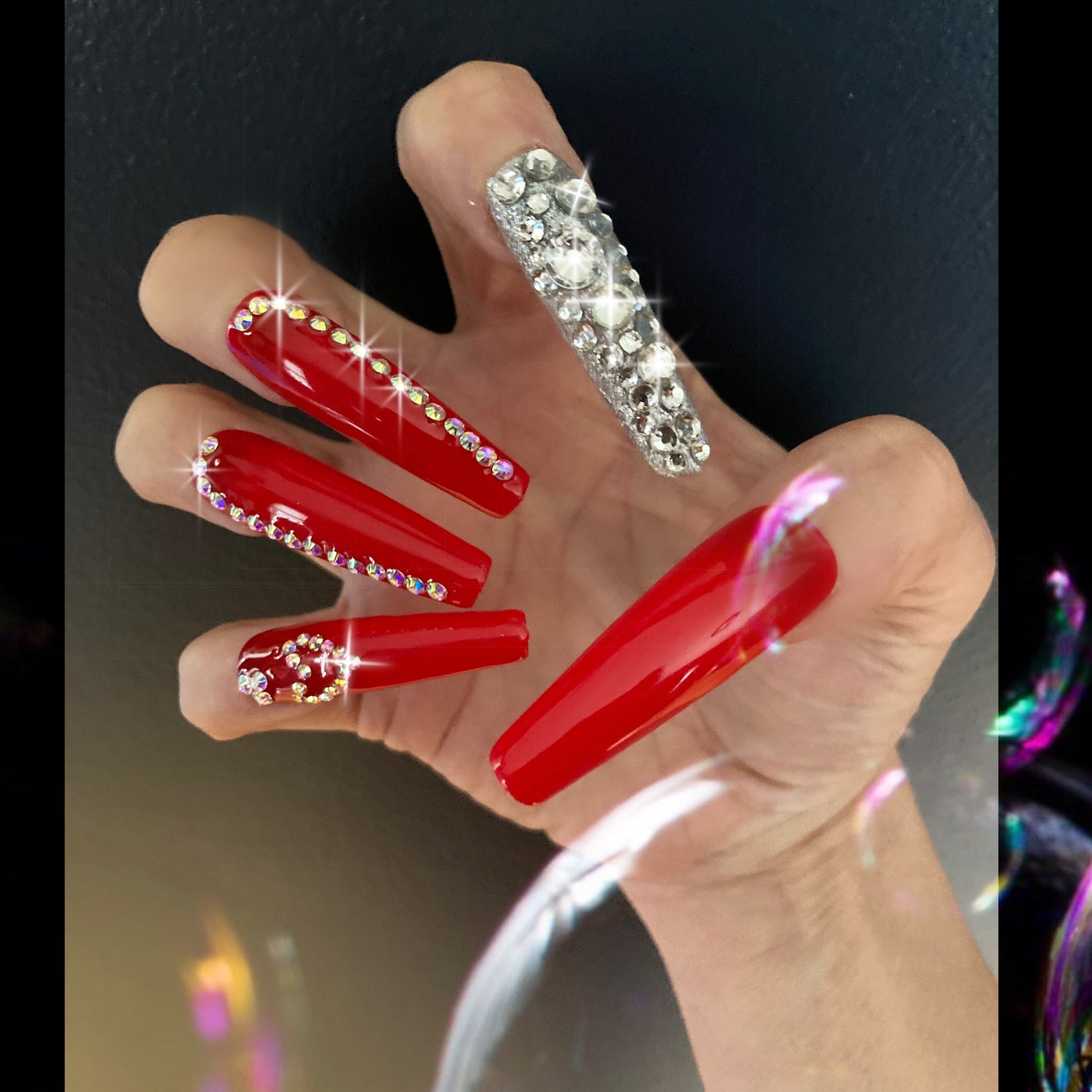 Red HOT Press on Nails, Bling Nails, Reflective Nails, Red Nails, Nail Gems,  Fake Nails, False Nails, Red French Nails, Trendy Nails -  Sweden