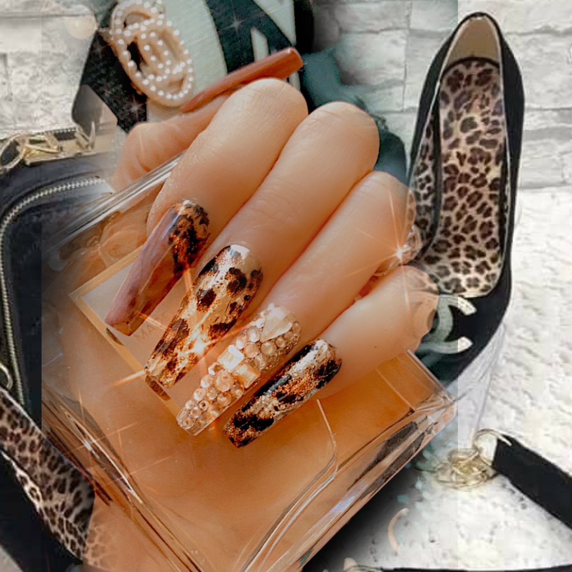 Gold Bronze Metallic Press on Nails W/ Champayne Rhinestones/new Years  Eve/bling Marble/luxury Nail/gel/cheetah Nails/leopard Print Nails 