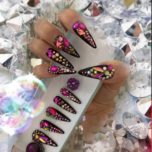 Black Queen Bling Luxury Press on Nails with colorful rhinestones