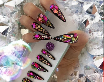 Black Queen Bling Luxury Press on Nails with colorful rhinestones