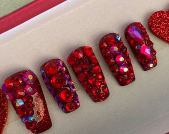 kiss me/Glam Nails with Red Ruby Jewels/ Press on Nails/Sheer Red Extra Long Nails