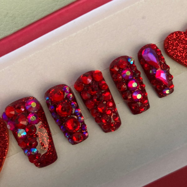kiss me/Glam Nails with Red Ruby Jewels/ Press on Nails/Sheer Red Extra Long Nails