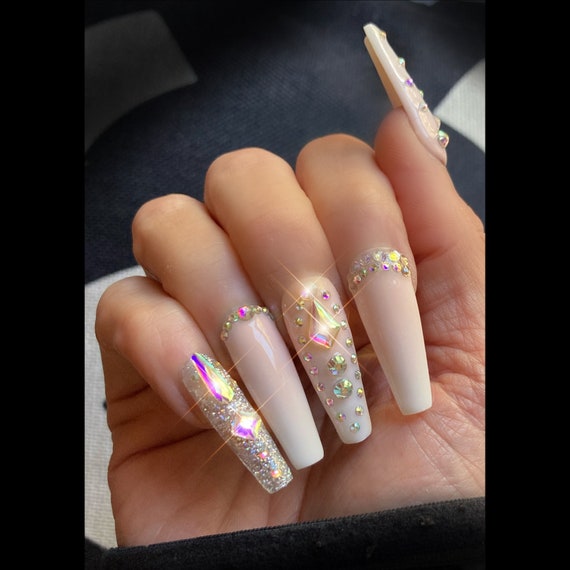 White Press on Nails With Rhinestones 