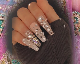 Hold Me Closer/Diva Bling Bling Baby boomers with glitter/peach and white gradient nails with crystals/extra long nails/bridal/wedding nails